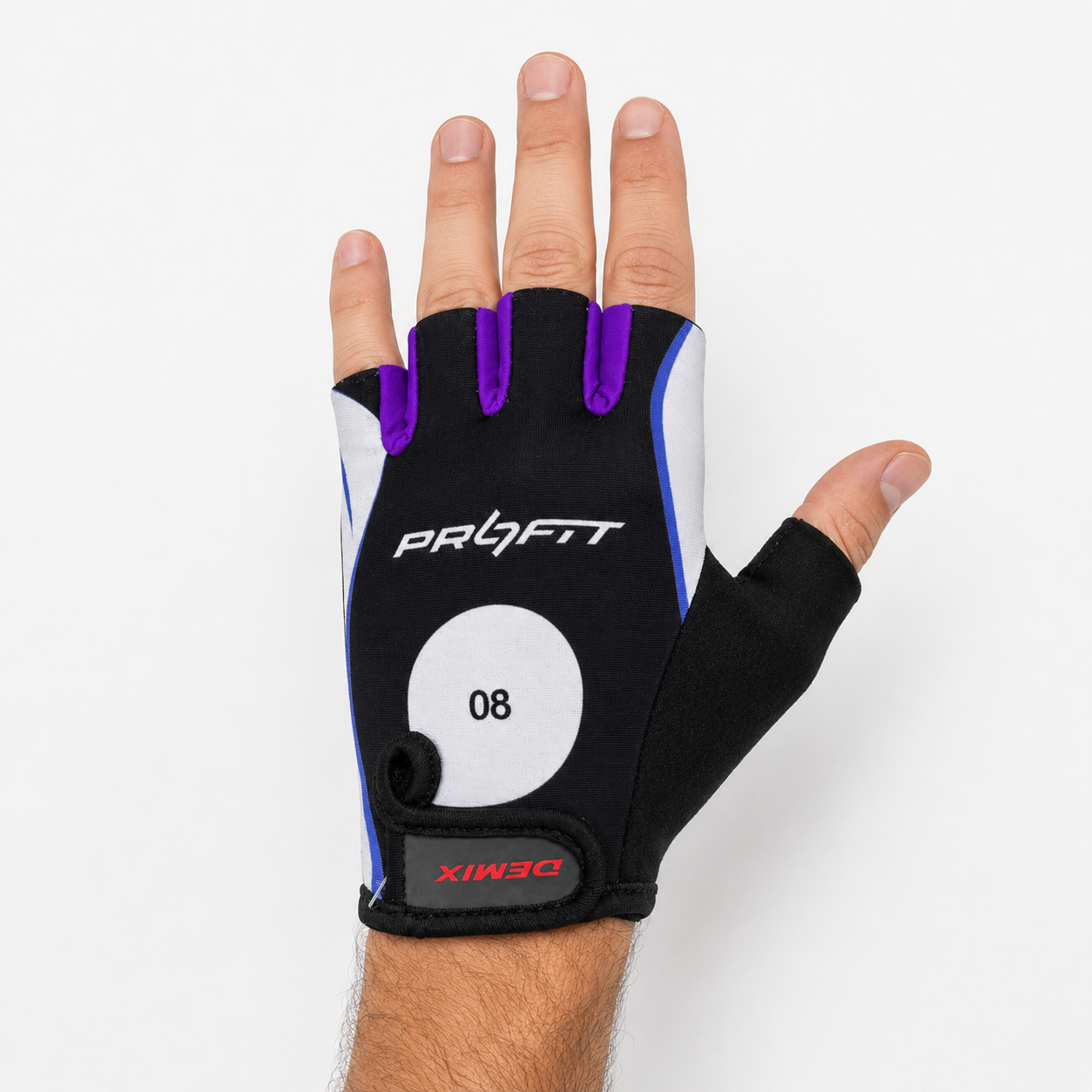 Guante corto ciclismo color estampado negro, lila y blanco con interior negro