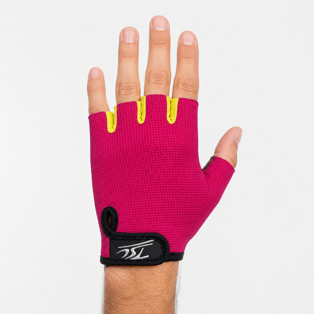 Guante corto ciclismo color fucsia oscuro y amarillo texturado