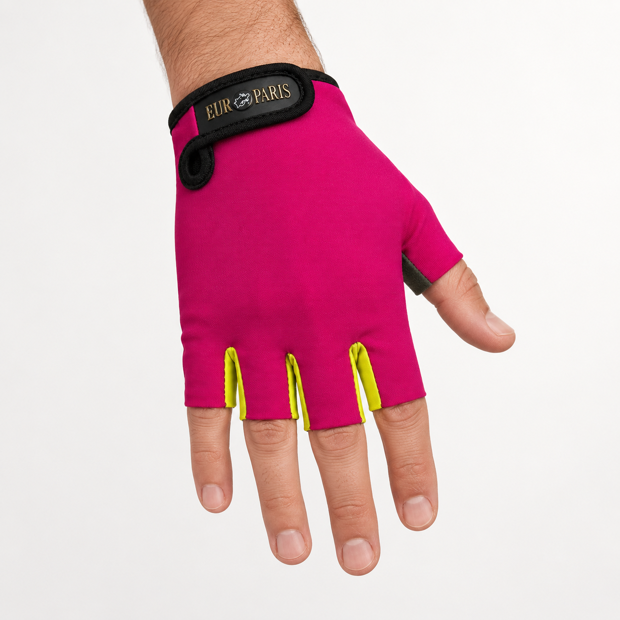 Guante corto ciclismo color fucsia oscuro y amarillo