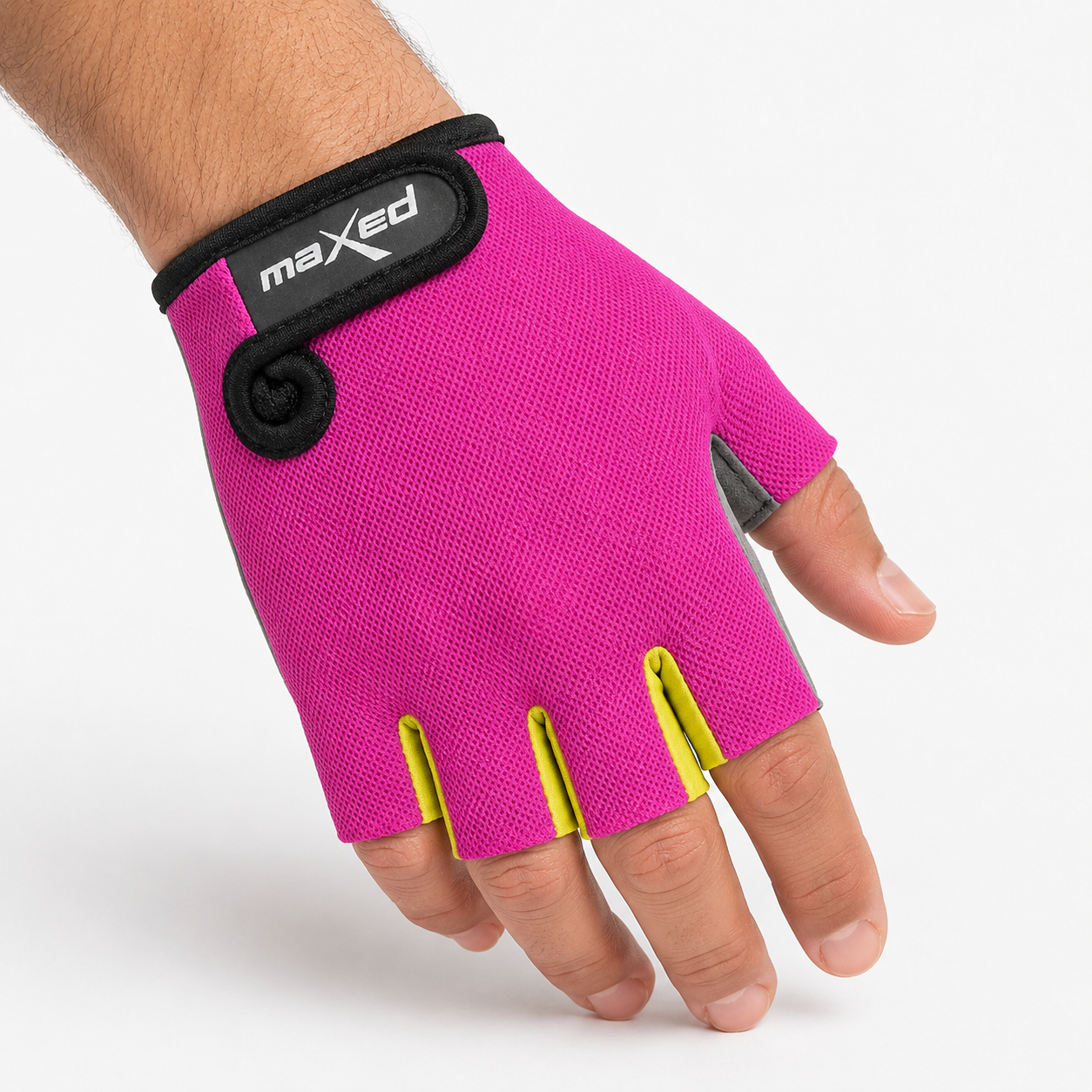 Guante corto ciclismo color rosa orquidea y amarillo