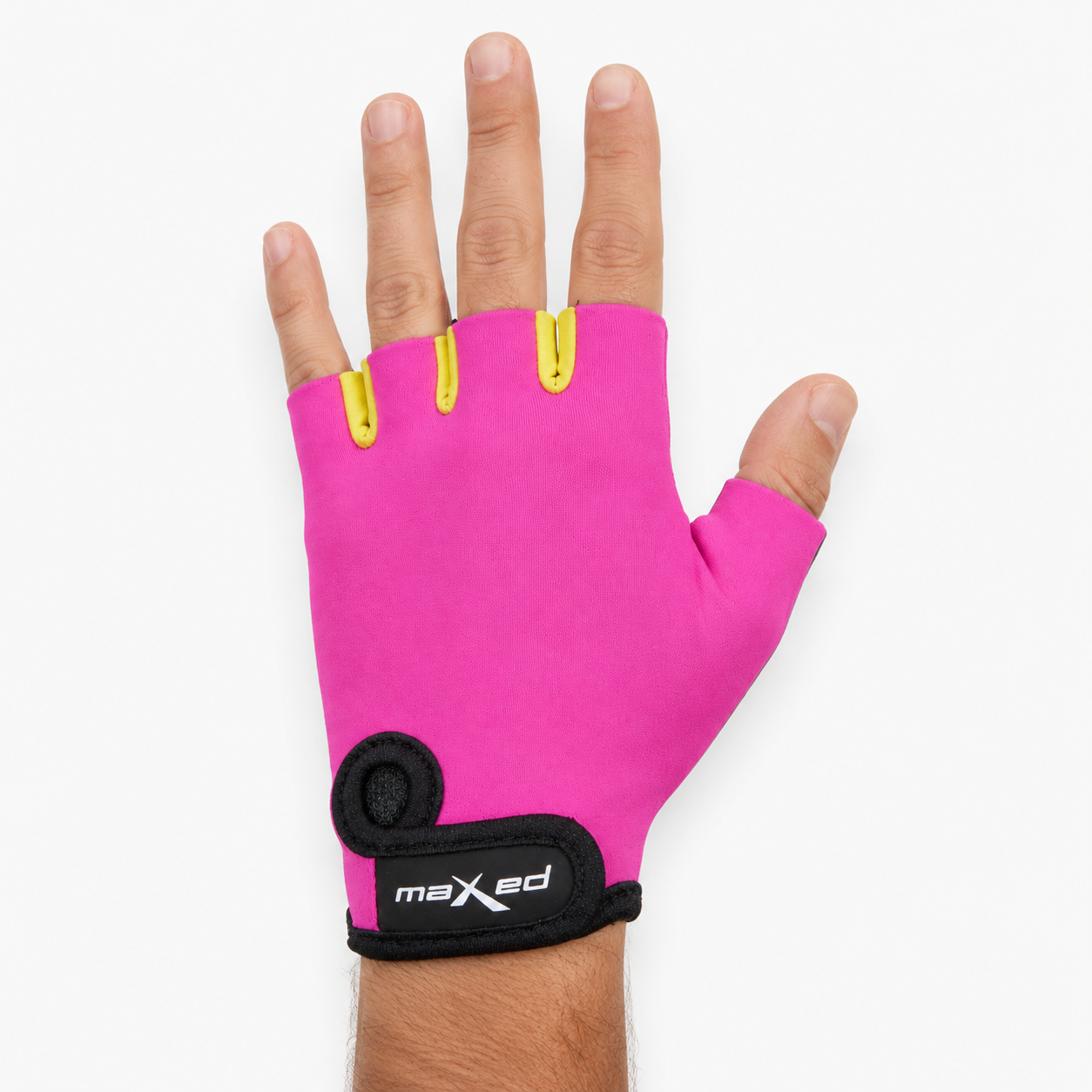Guante corto ciclismo color rosa magenta y amarillo